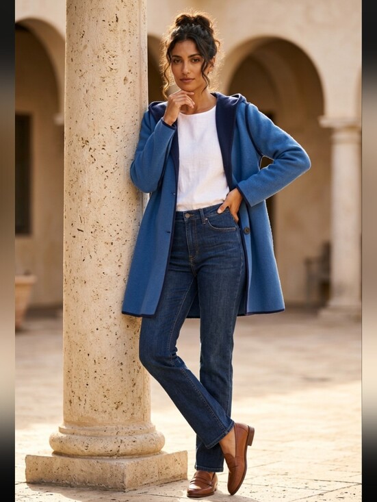 Jackets & Blazers - Reversable Blue Hooded Trench Coat with Contrast Trim Women's Size Large